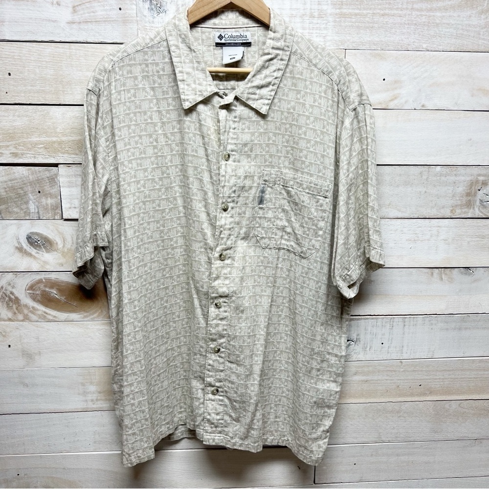 Columbia Button Up Short Sleeve Palm Trees Shirt Mens XL Beige Pocket Cotton